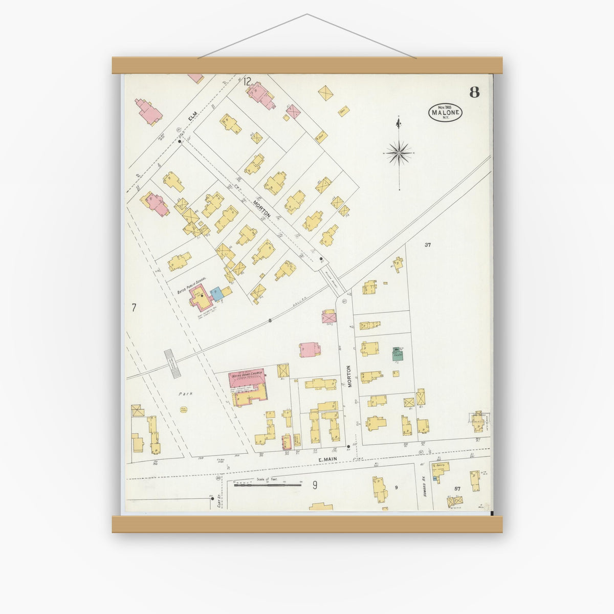 Old map wall art mockup — magnetic wood frame on white wall — Sanborn Fire Insurance Map from Malone, Franklin County, New York (1903), Sheet #0008