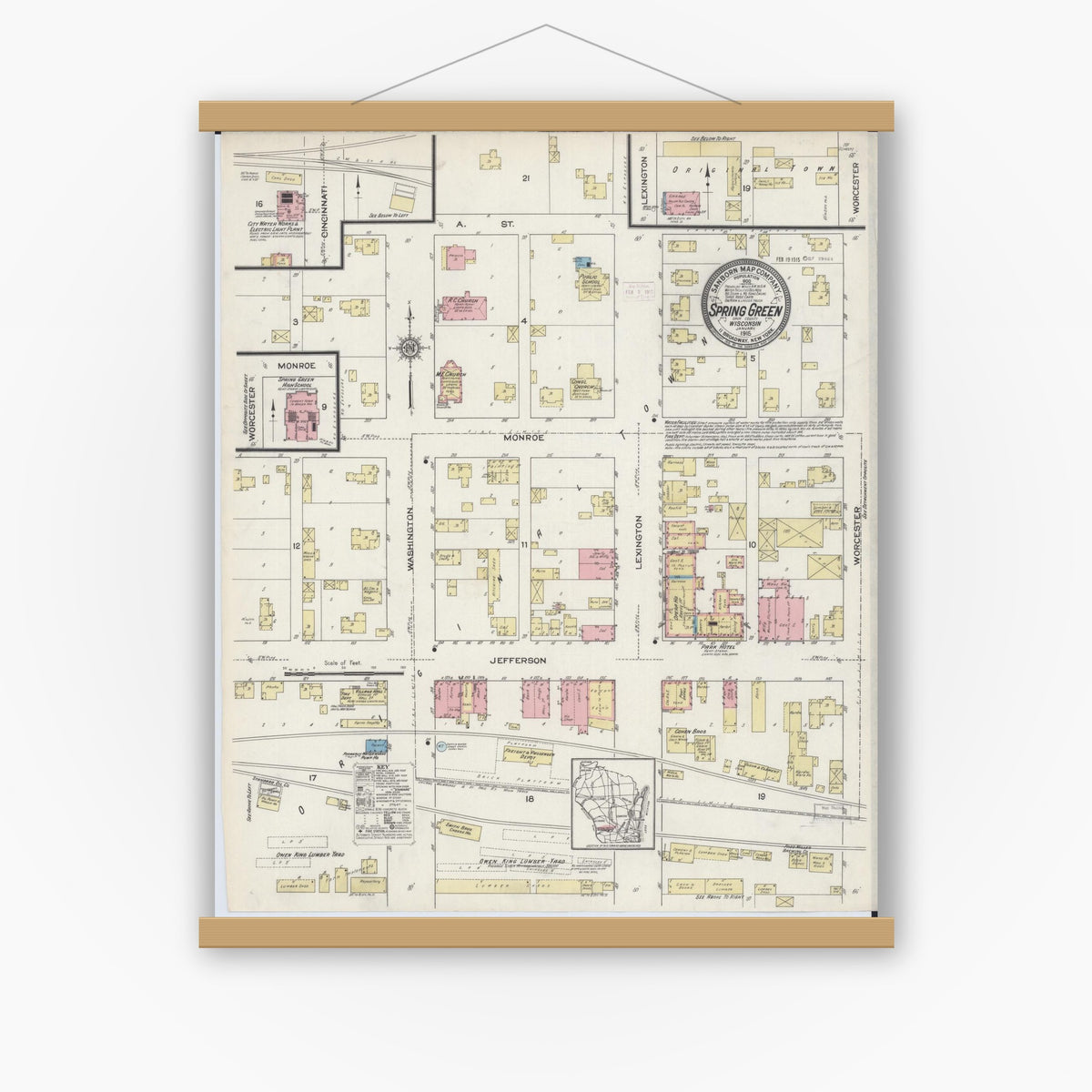 Old map wall art mockup — magnetic wood frame on white wall — Sanborn Fire Insurance Map from Spring Green, Sauk County, Wisconsin (1915), Sheet #0001