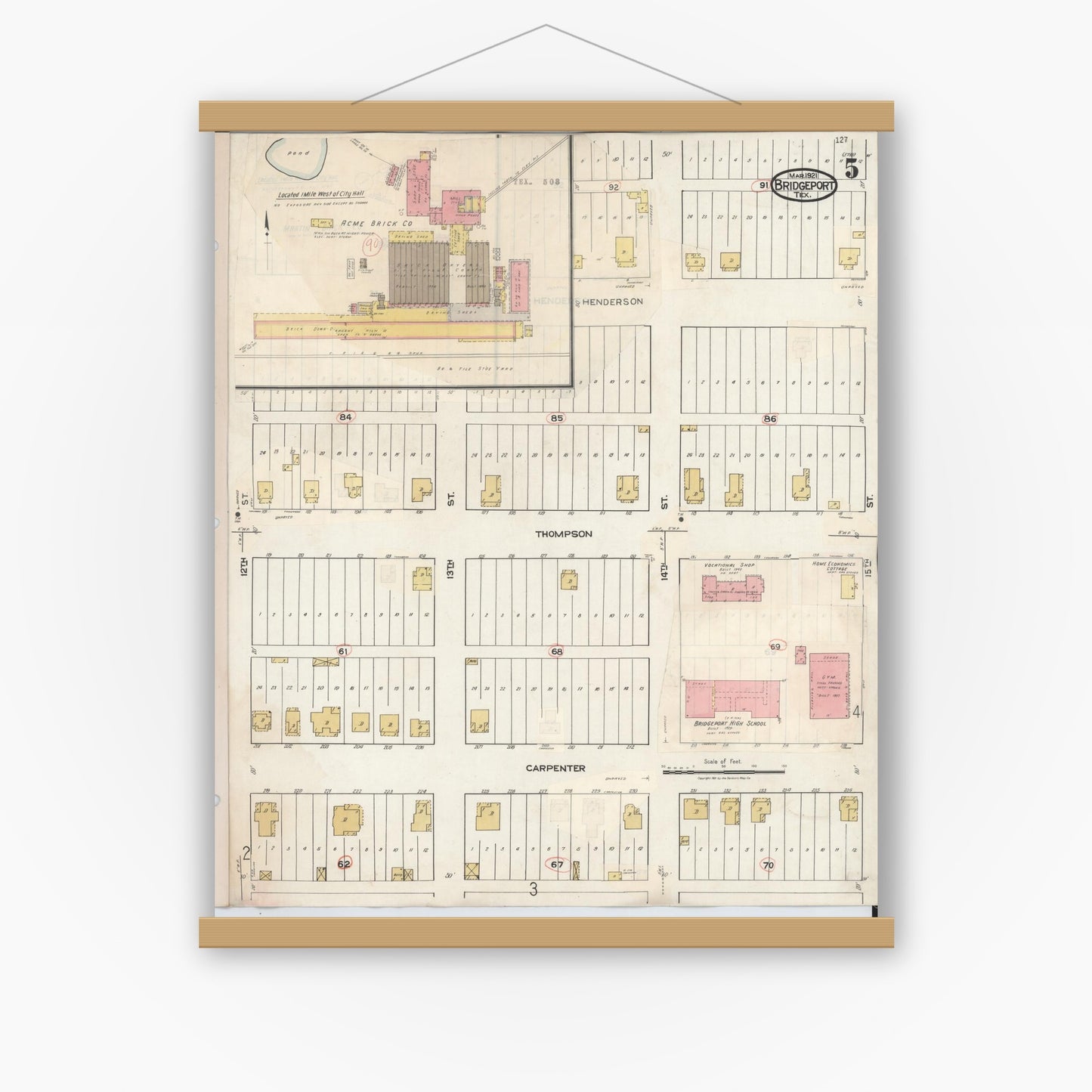 Old map wall art mockup — magnetic wood frame on white wall — Sanborn Fire Insurance Map from Bridgeport, Wise County, Texas (1944), Sheet #0005