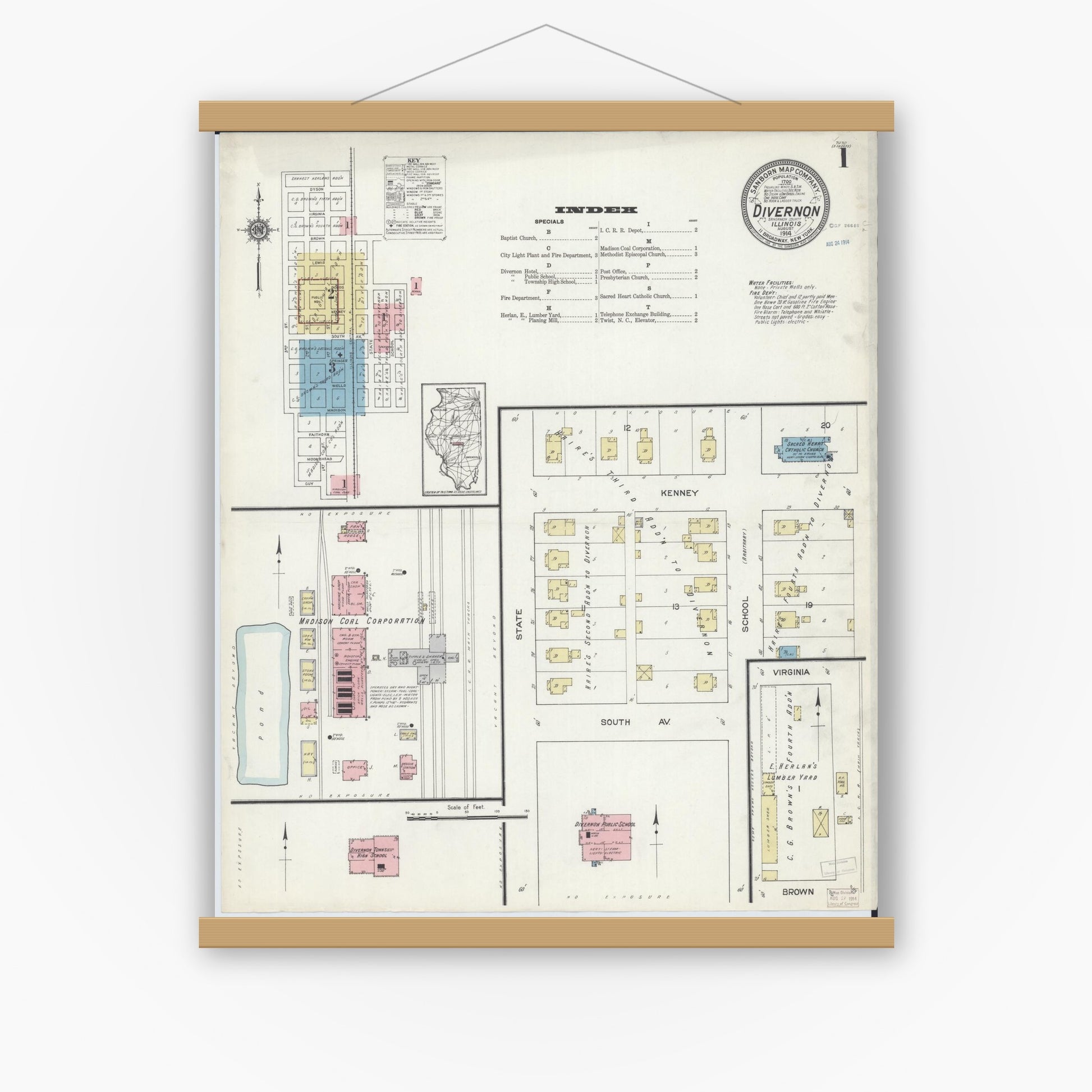 Old map wall art mockup — magnetic wood frame on white wall — Sanborn Fire Insurance Map from Divernon, Sangamon County, Illinois (1914), Sheet #0001