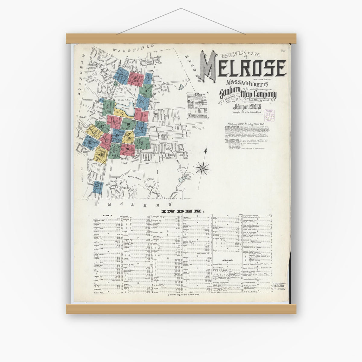 Old map wall art mockup — magnetic wood frame on white wall — Sanborn Fire Insurance Map from Melrose, Middlesex County, Massachusetts (1903), Sheet #0001