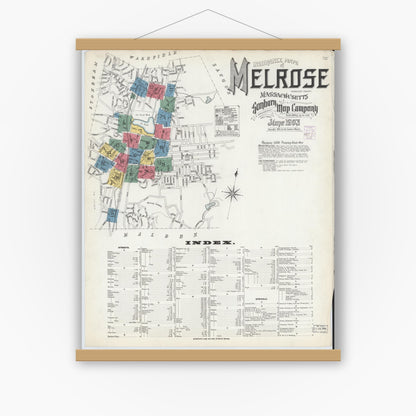 Old map wall art mockup — magnetic wood frame on white wall — Sanborn Fire Insurance Map from Melrose, Middlesex County, Massachusetts (1903), Sheet #0001