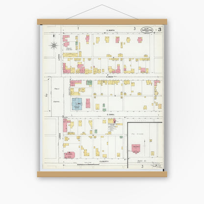 Old map wall art mockup — magnetic wood frame on white wall — Sanborn Fire Insurance Map from Carrollton, Carroll County, Ohio (1901), Sheet #0003