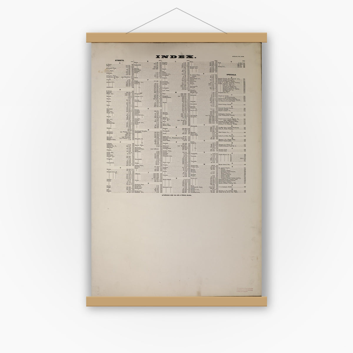 Old map wall art mockup — magnetic wood frame on white wall — Sanborn Fire Insurance Map from Buffalo, Erie County, New York (1893), Sheet #0001