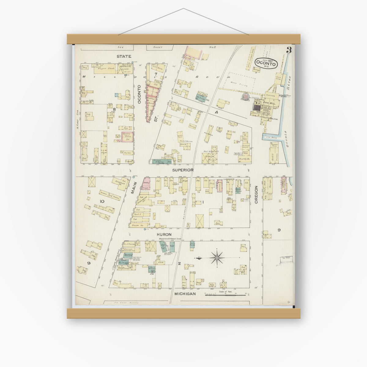 Old map wall art mockup — magnetic wood frame on white wall — Sanborn Fire Insurance Map from Oconto, Oconto County, Wisconsin (1887), Sheet #0003