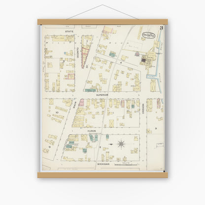 Old map wall art mockup — magnetic wood frame on white wall — Sanborn Fire Insurance Map from Oconto, Oconto County, Wisconsin (1887), Sheet #0003