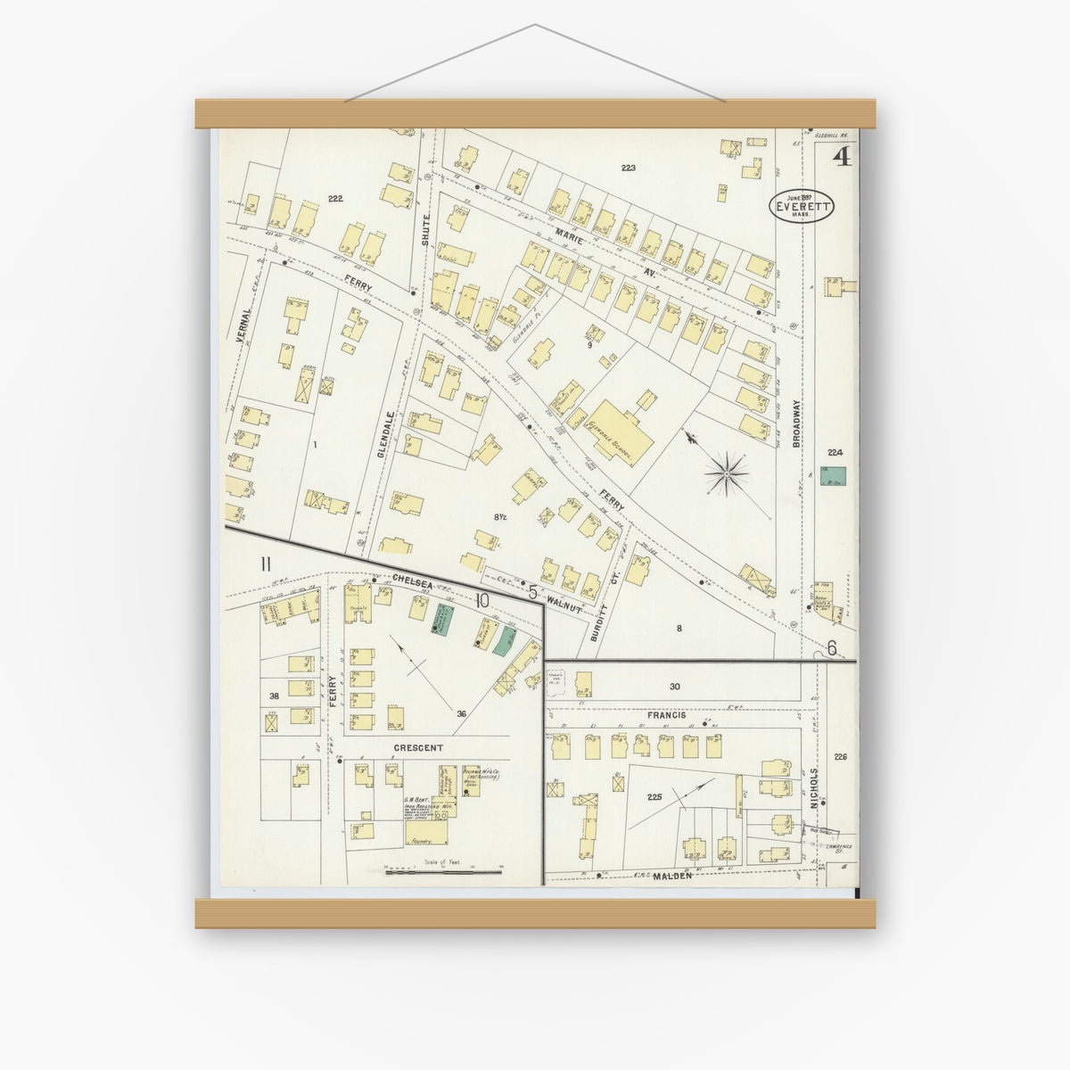 Old map wall art mockup — magnetic wood frame on white wall — Sanborn Fire Insurance Map from Everett, Middlesex County, Massachusetts (1897), Sheet #0004