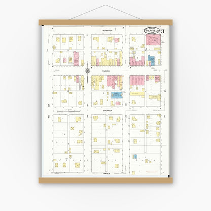 Old map wall art mockup — magnetic wood frame on white wall — Sanborn Fire Insurance Map from Sheffield, Franklin County, Iowa (1916), Sheet #0003