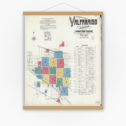 Old map wall art mockup — magnetic wood frame on white wall — Sanborn Fire Insurance Map from Valparaiso, Porter County, Indiana (1905) - Complete Map Set