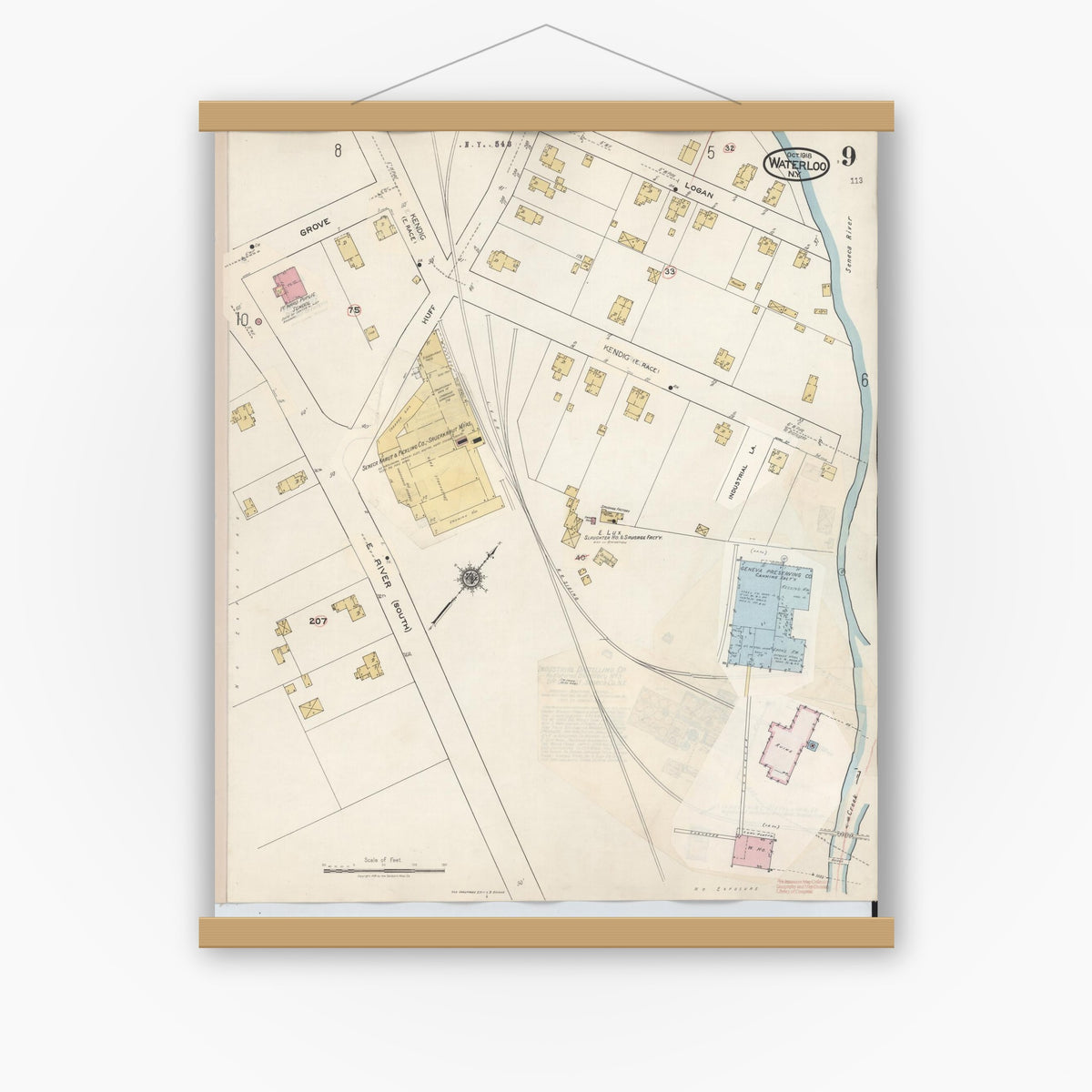 Old map wall art mockup — magnetic wood frame on white wall — Sanborn Fire Insurance Map from Waterloo, Seneca County, New York (1948), Sheet #0009