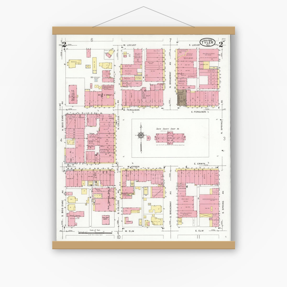 Old map wall art mockup — magnetic wood frame on white wall — Sanborn Fire Insurance Map from Tyler, Smith County, Texas (1928), Sheet #0002