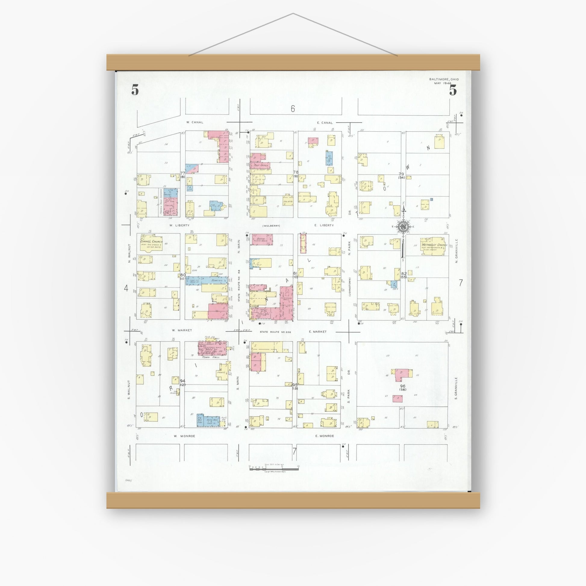 Old map wall art mockup — magnetic wood frame on white wall — Sanborn Fire Insurance Map from Baltimore, Fairfield County, Ohio (1946), Sheet #0005
