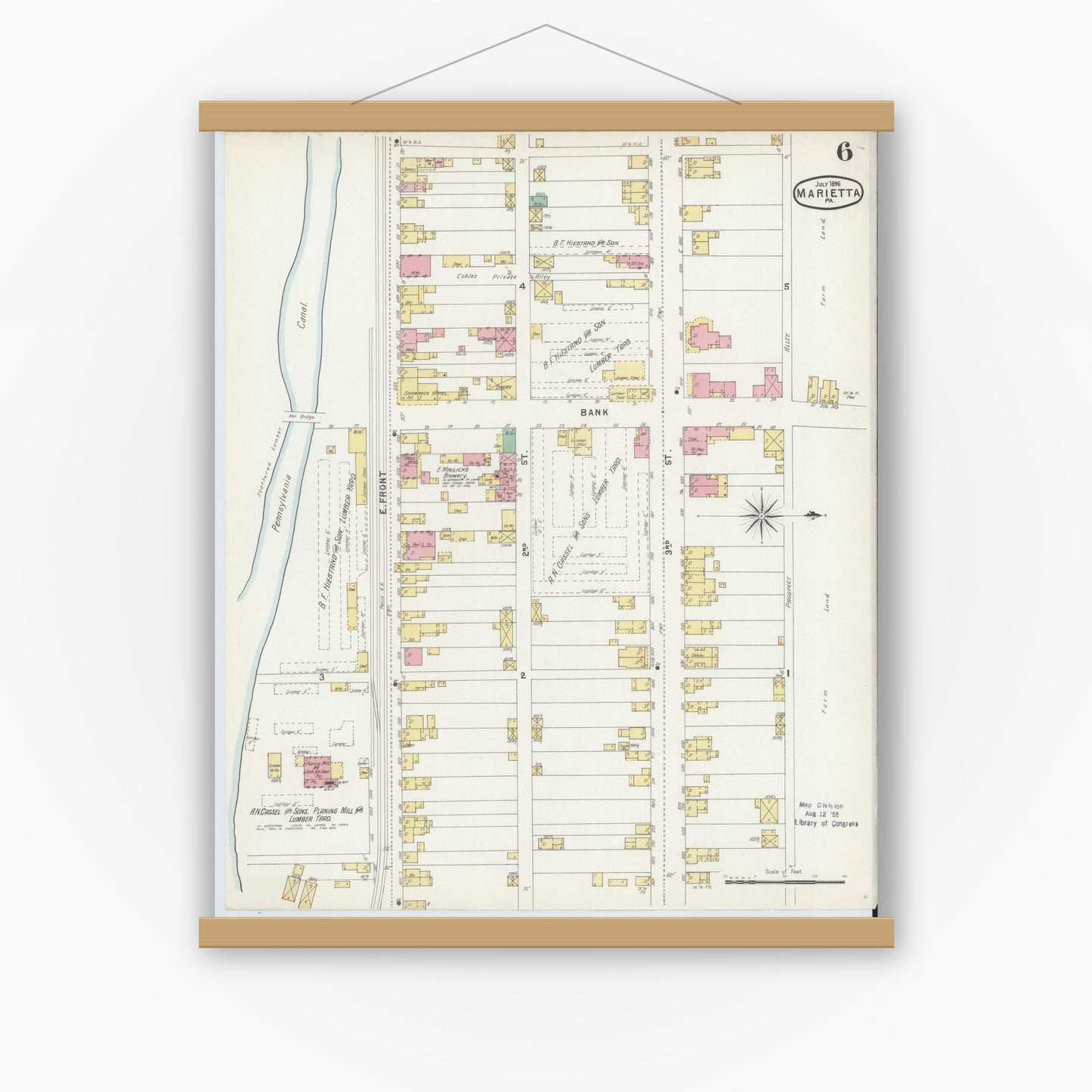 Old map wall art mockup — magnetic wood frame on white wall — Sanborn Fire Insurance Map from Marietta, Lancaster County, Pennsylvania (1896), Sheet #0006