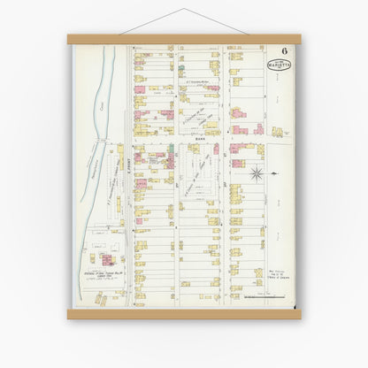 Old map wall art mockup — magnetic wood frame on white wall — Sanborn Fire Insurance Map from Marietta, Lancaster County, Pennsylvania (1896), Sheet #0006