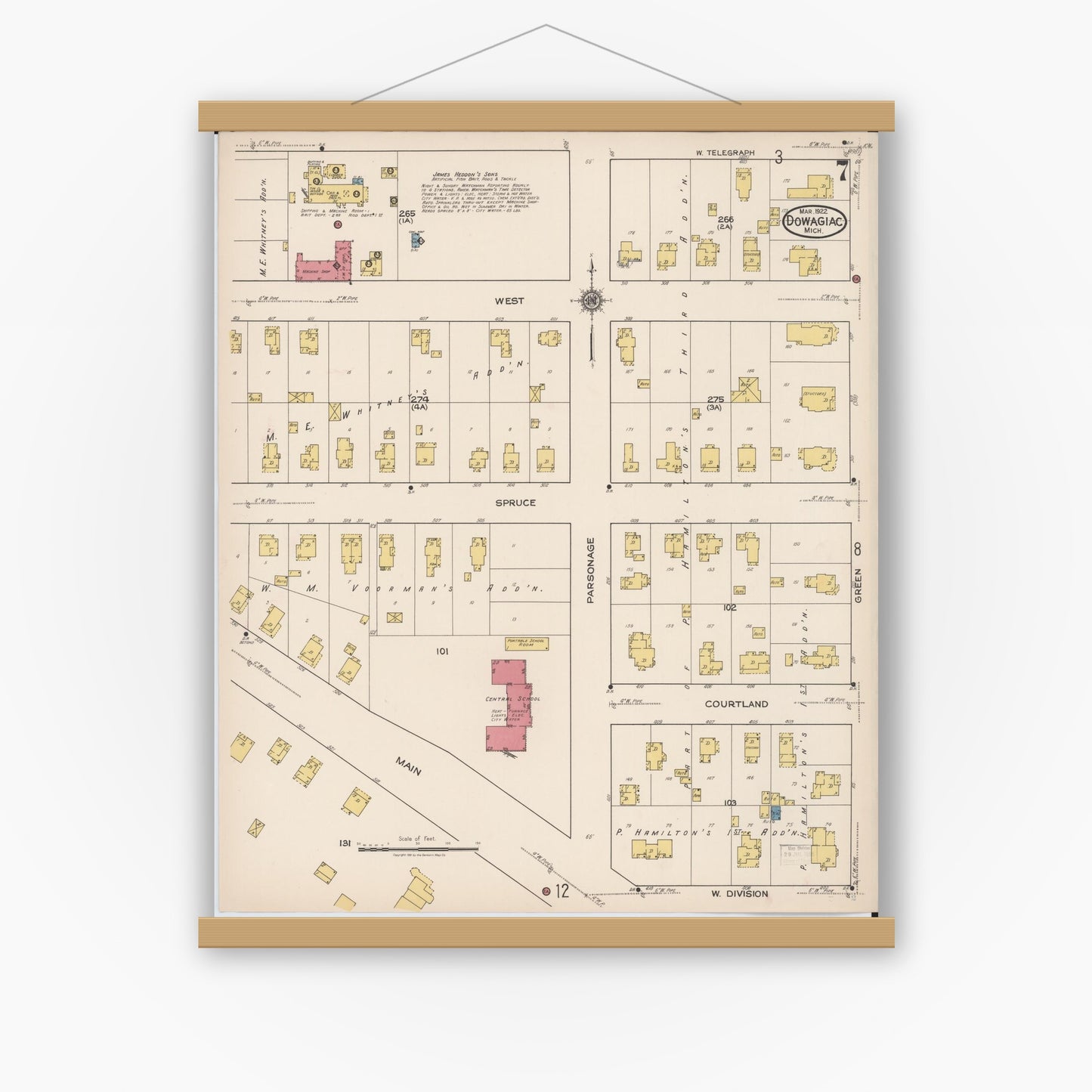 Old map wall art mockup — magnetic wood frame on white wall — Sanborn Fire Insurance Map from Dowagiac, Cass County, Michigan (1922), Sheet #0007