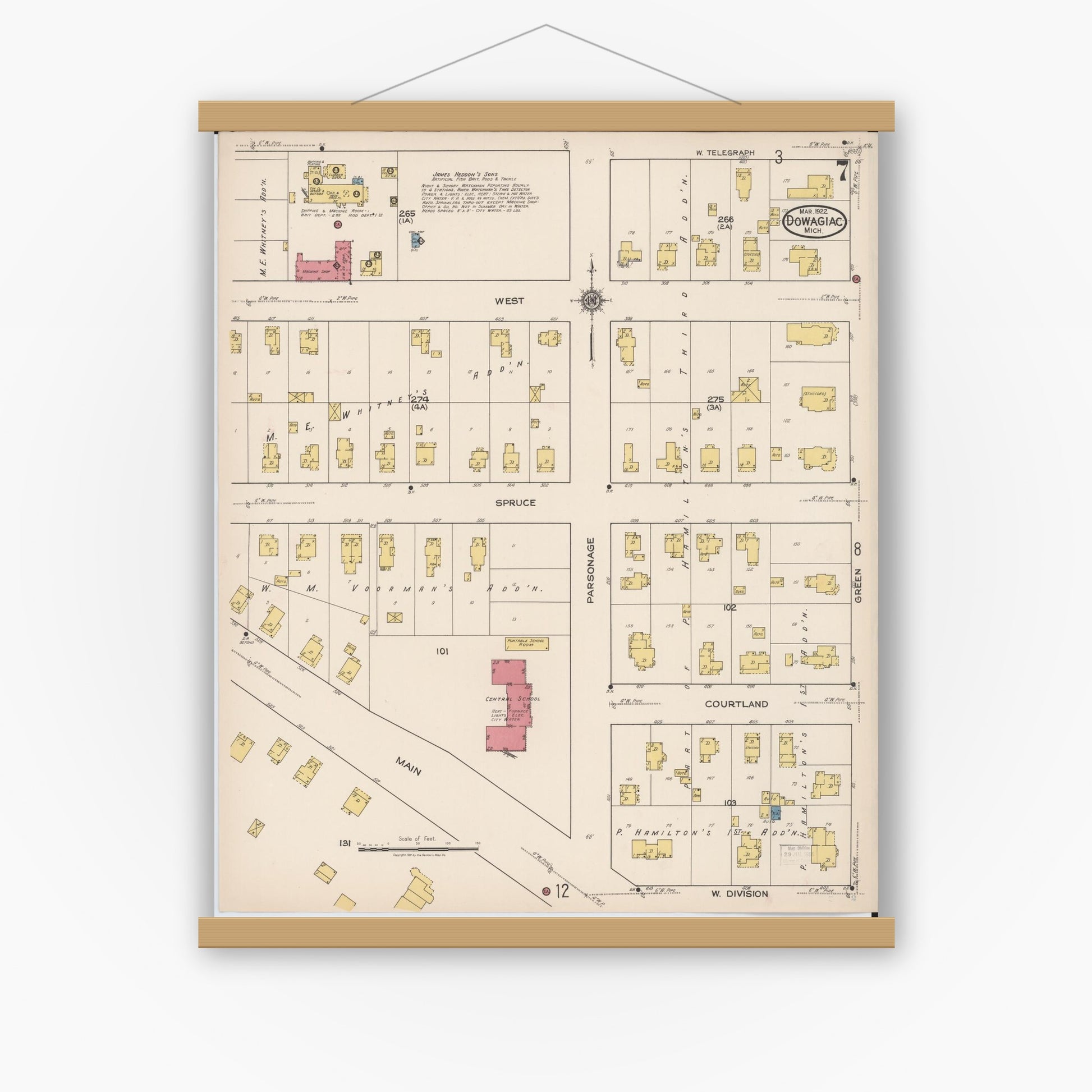Old map wall art mockup — magnetic wood frame on white wall — Sanborn Fire Insurance Map from Dowagiac, Cass County, Michigan (1922), Sheet #0007