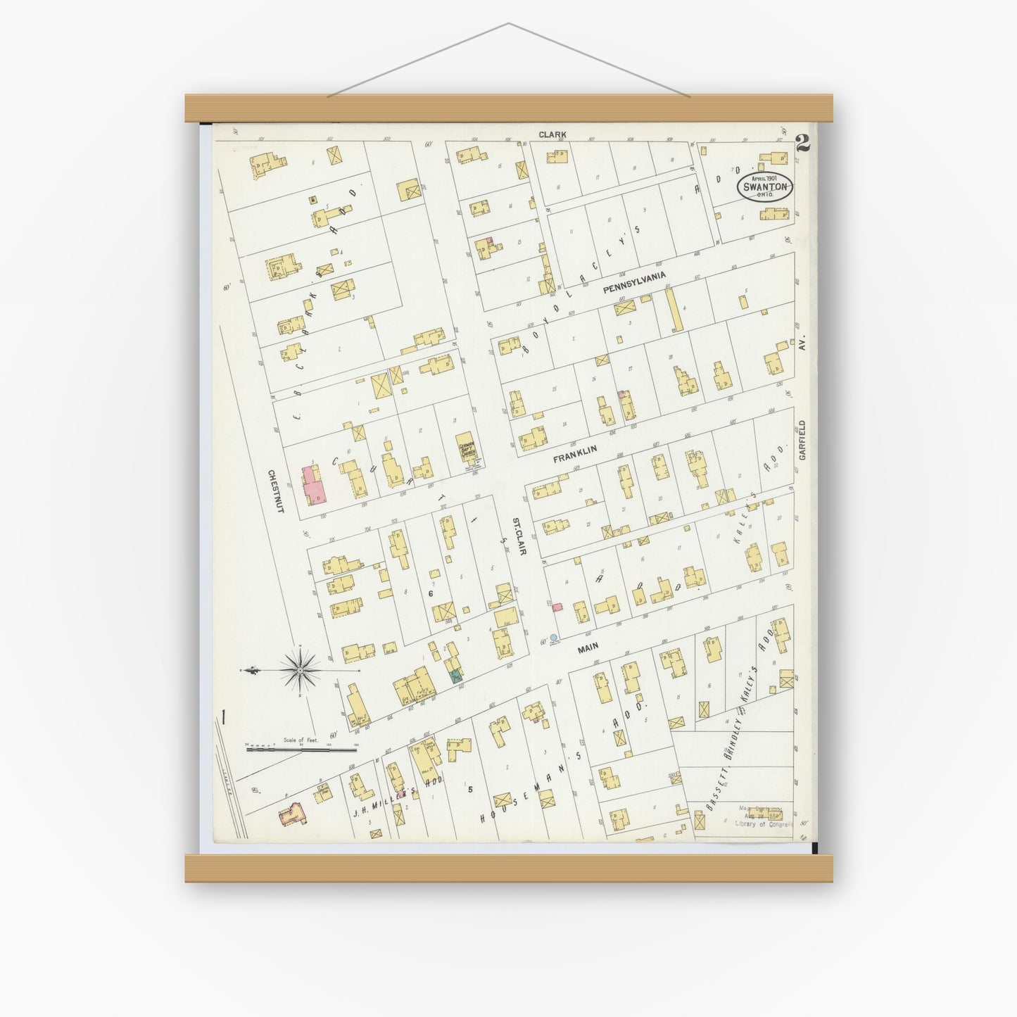 Old map wall art mockup — magnetic wood frame on white wall — Sanborn Fire Insurance Map from Swanton, Fulton County, Ohio (1901), Sheet #0002