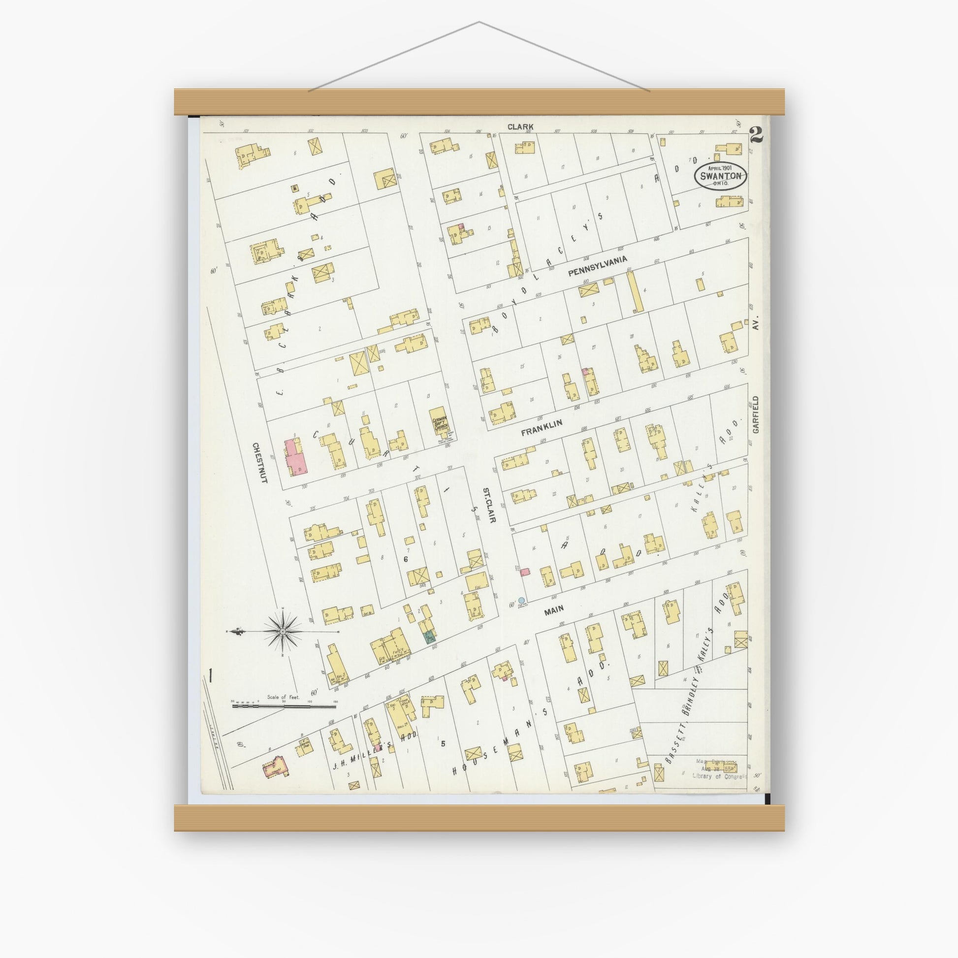Old map wall art mockup — magnetic wood frame on white wall — Sanborn Fire Insurance Map from Swanton, Fulton County, Ohio (1901), Sheet #0002