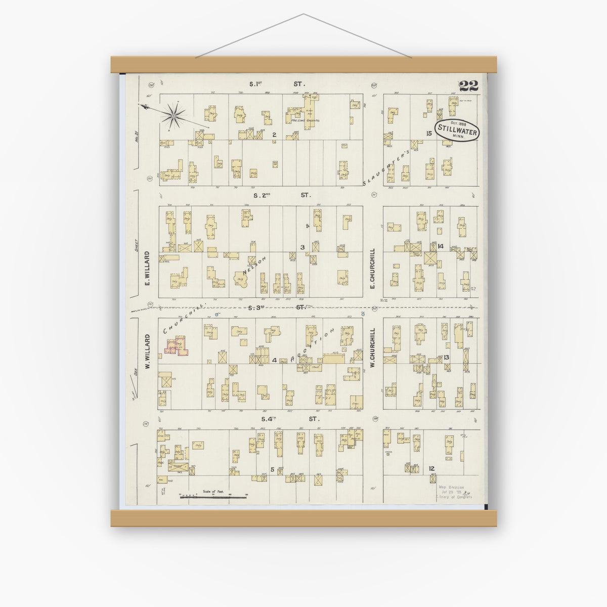Old map wall art mockup — magnetic wood frame on white wall — Sanborn Fire Insurance Map from Stillwater, Washington County, Minnesota (1888), Sheet #0022