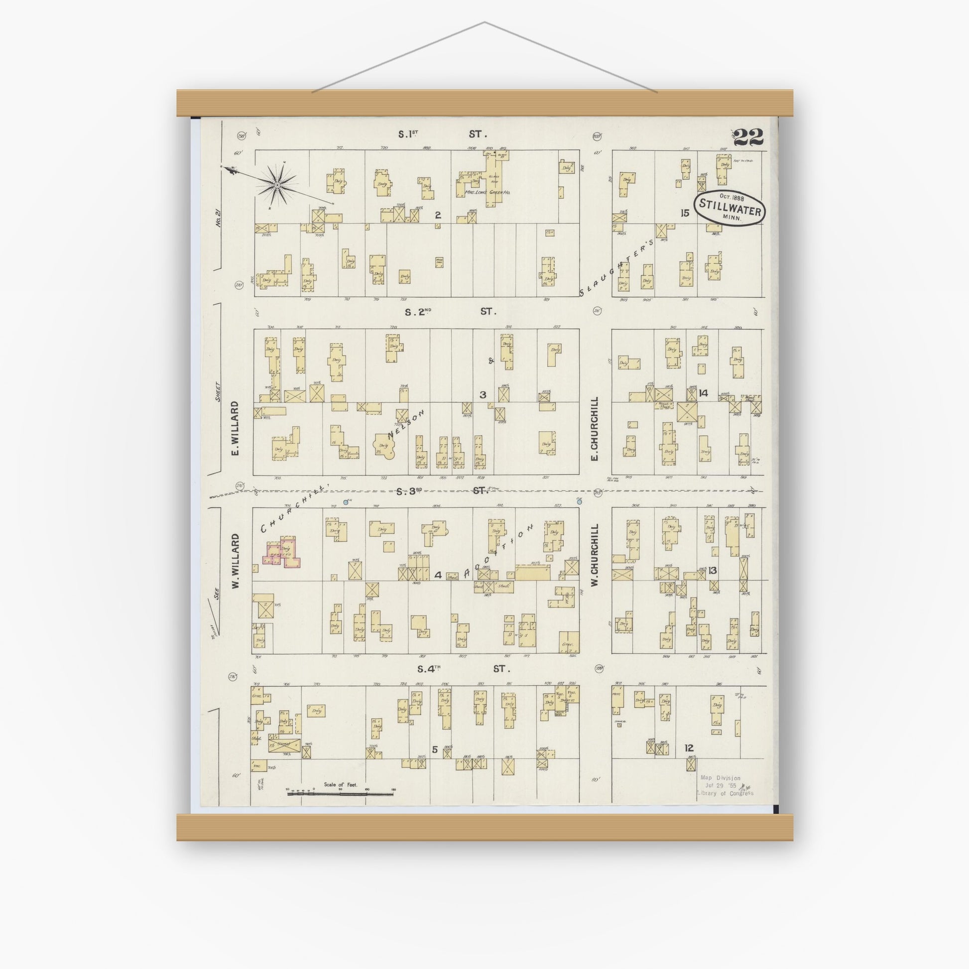 Old map wall art mockup — magnetic wood frame on white wall — Sanborn Fire Insurance Map from Stillwater, Washington County, Minnesota (1888), Sheet #0022