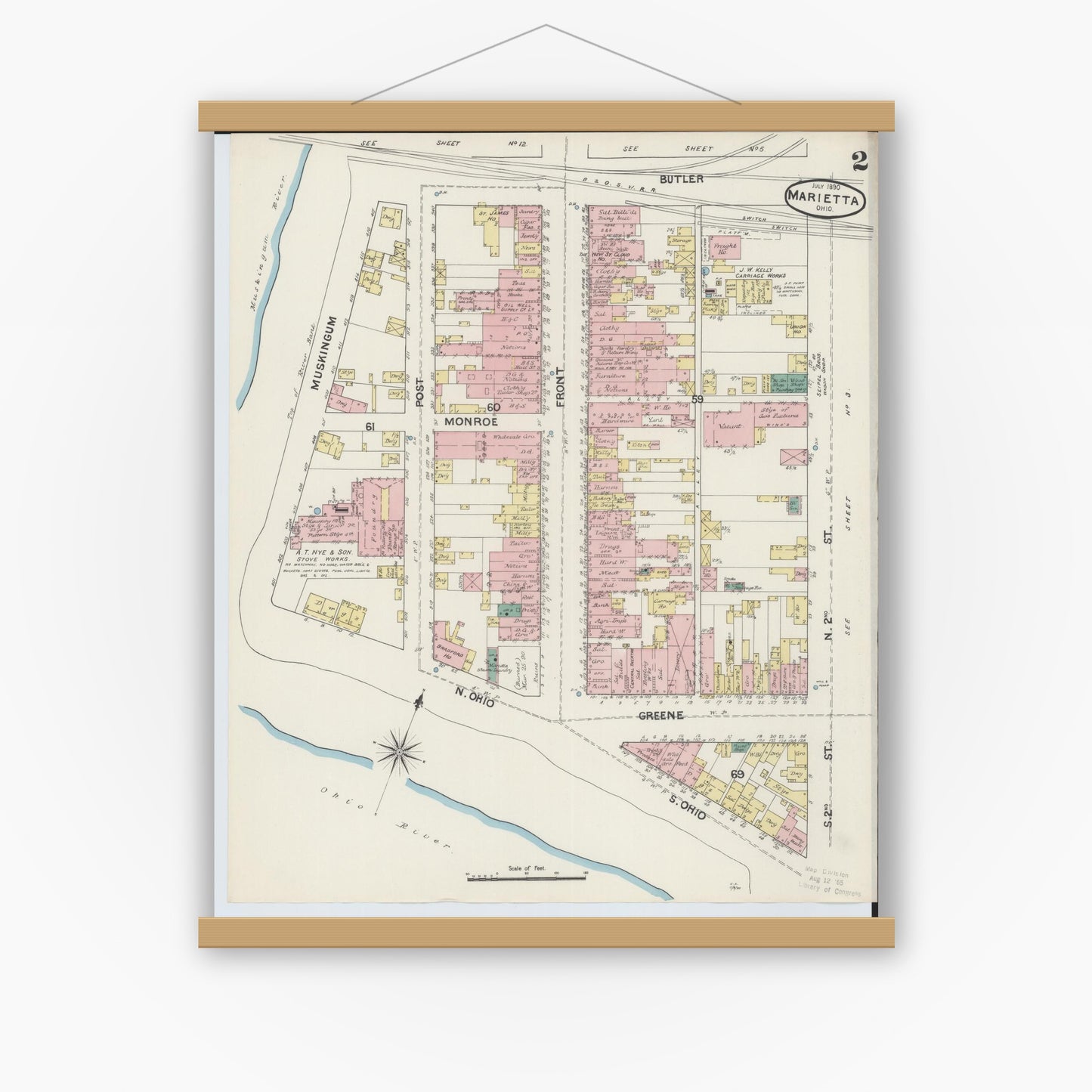 Old map wall art mockup — magnetic wood frame on white wall — Sanborn Fire Insurance Map from Marietta, Washington County, Ohio (1890), Sheet #0002
