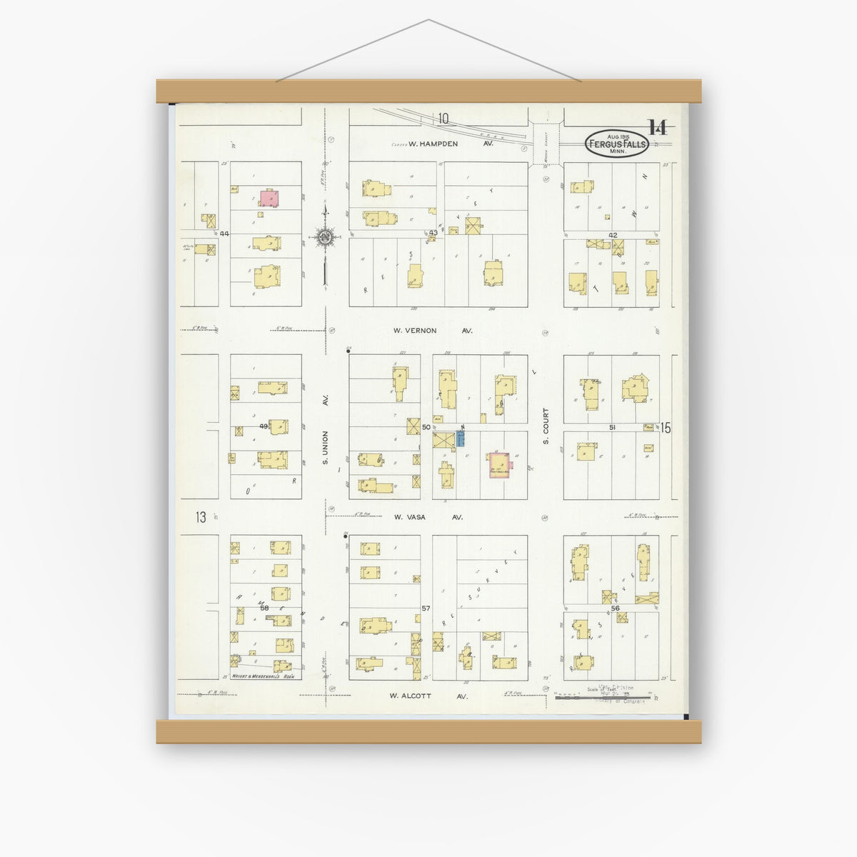 Old map wall art mockup — magnetic wood frame on white wall — Sanborn Fire Insurance Map from Fergus Falls, Otter Tail County, Minnesota (1915), Sheet #0014