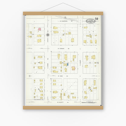 Old map wall art mockup — magnetic wood frame on white wall — Sanborn Fire Insurance Map from Fergus Falls, Otter Tail County, Minnesota (1915), Sheet #0014