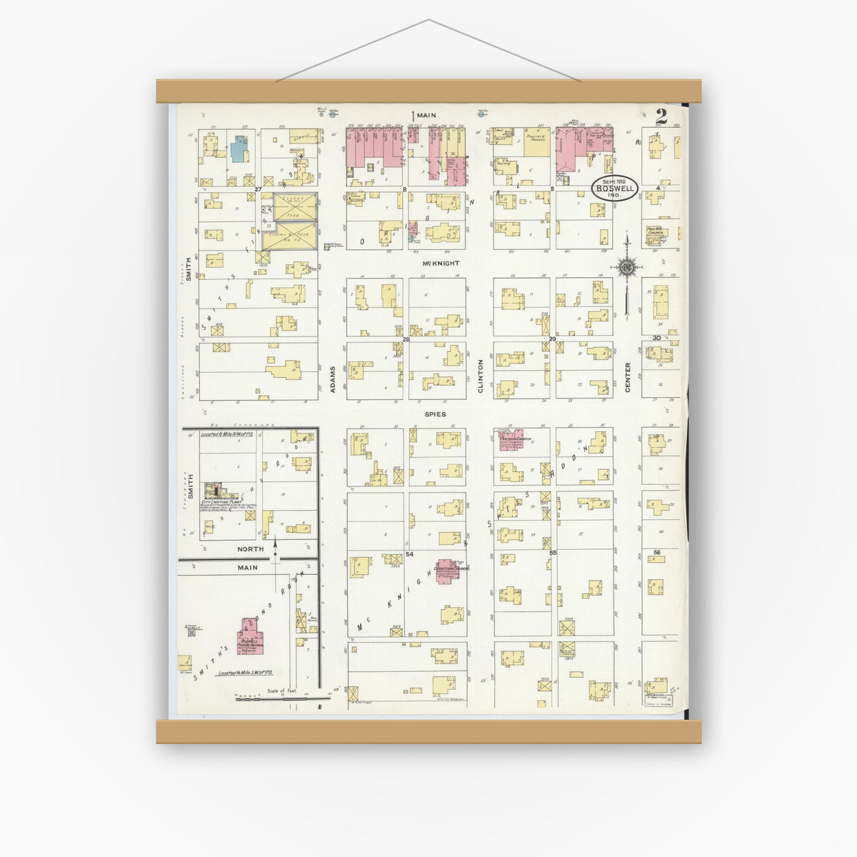 Old map wall art mockup — magnetic wood frame on white wall — Sanborn Fire Insurance Map from Boswell, Benton County, Indiana (1910), Sheet #0002
