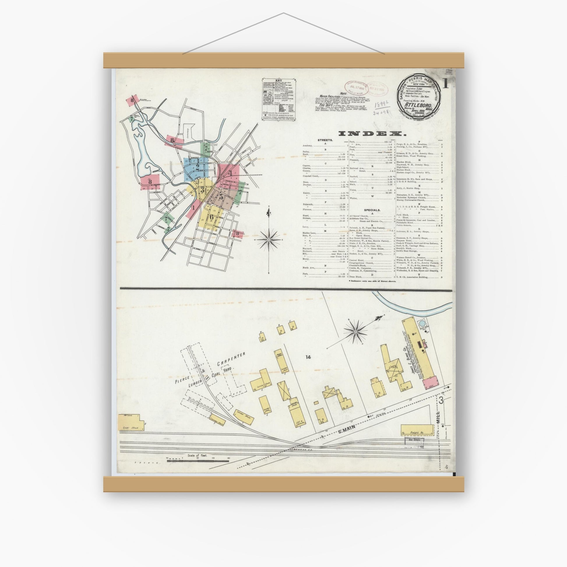 Old map wall art mockup — magnetic wood frame on white wall — Sanborn Fire Insurance Map from Attleboro, Bristol County, Massachusetts (1899) - Complete Map Set
