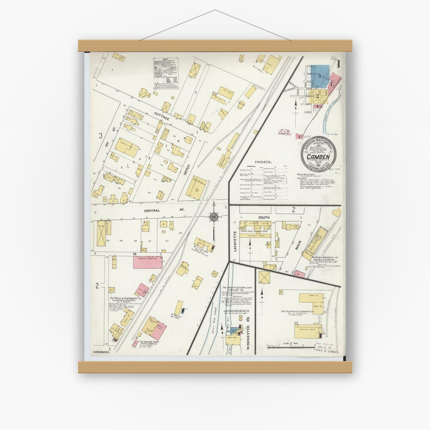 Old map wall art mockup — magnetic wood frame on white wall — Sanborn Fire Insurance Map from Camden, Preble County, Ohio (1911) - Complete Map Set