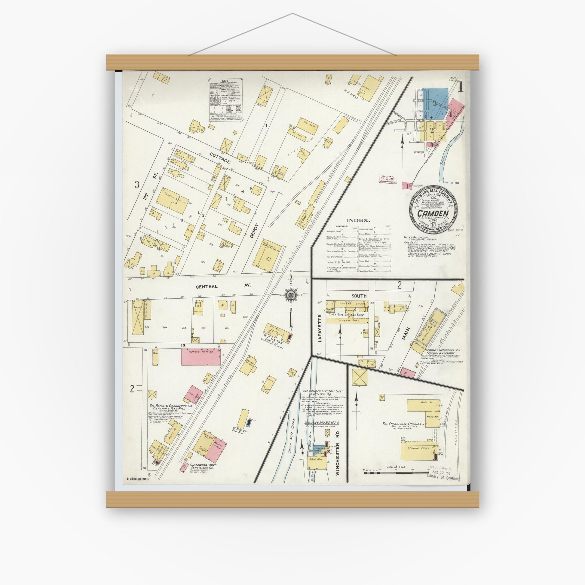 Old map wall art mockup — magnetic wood frame on white wall — Sanborn Fire Insurance Map from Camden, Preble County, Ohio (1911) - Complete Map Set
