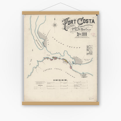 Old map wall art mockup — magnetic wood frame on white wall — Sanborn Fire Insurance Map from Port Costa, Contra Costa County, California (1889) - Complete Map Set