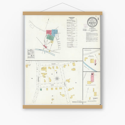 Old map wall art mockup — magnetic wood frame on white wall — Sanborn Fire Insurance Map from Brookfield, Worcester County, Massachusetts (1904) - Complete Map Set