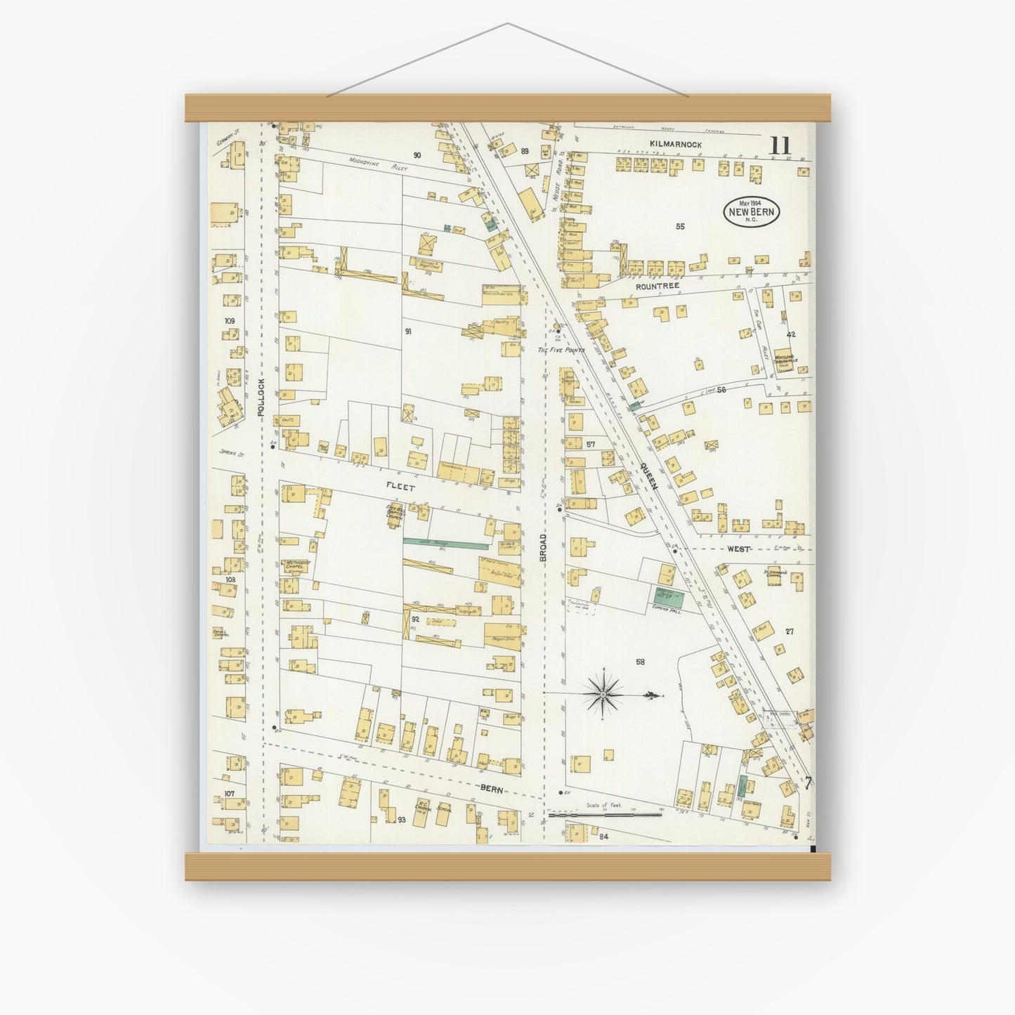 Old map wall art mockup — magnetic wood frame on white wall — Sanborn Fire Insurance Map from New Bern, Craven County, North Carolina (1904), Sheet #0011