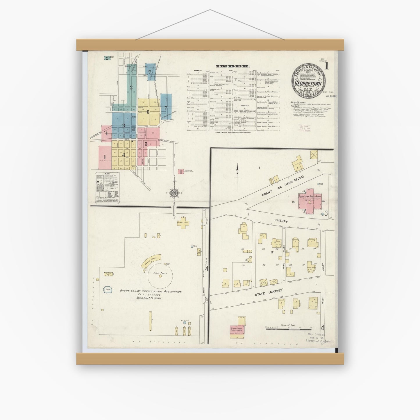 Old map wall art mockup — magnetic wood frame on white wall — Sanborn Fire Insurance Map from Georgetown, Brown County, Ohio (1912), Sheet #0001