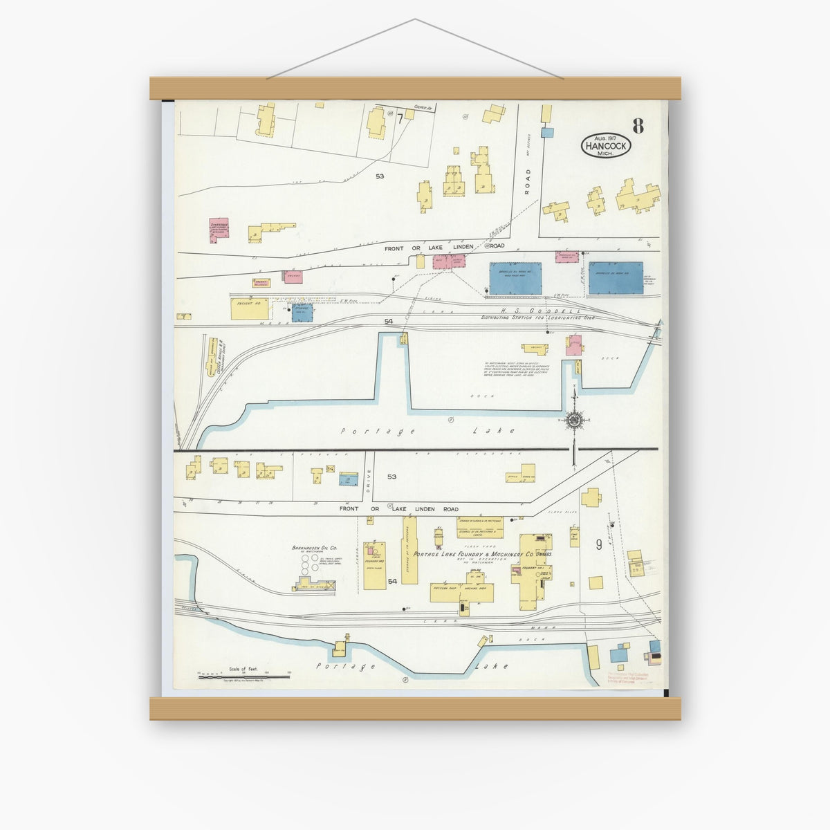 Old map wall art mockup — magnetic wood frame on white wall — Sanborn Fire Insurance Map from Hancock, Houghton County, Michigan (1917), Sheet #0008