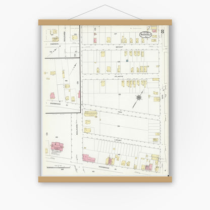 Old map wall art mockup — magnetic wood frame on white wall — Sanborn Fire Insurance Map from Roosevelt, Middlesex County, New Jersey (1912), Sheet #0008