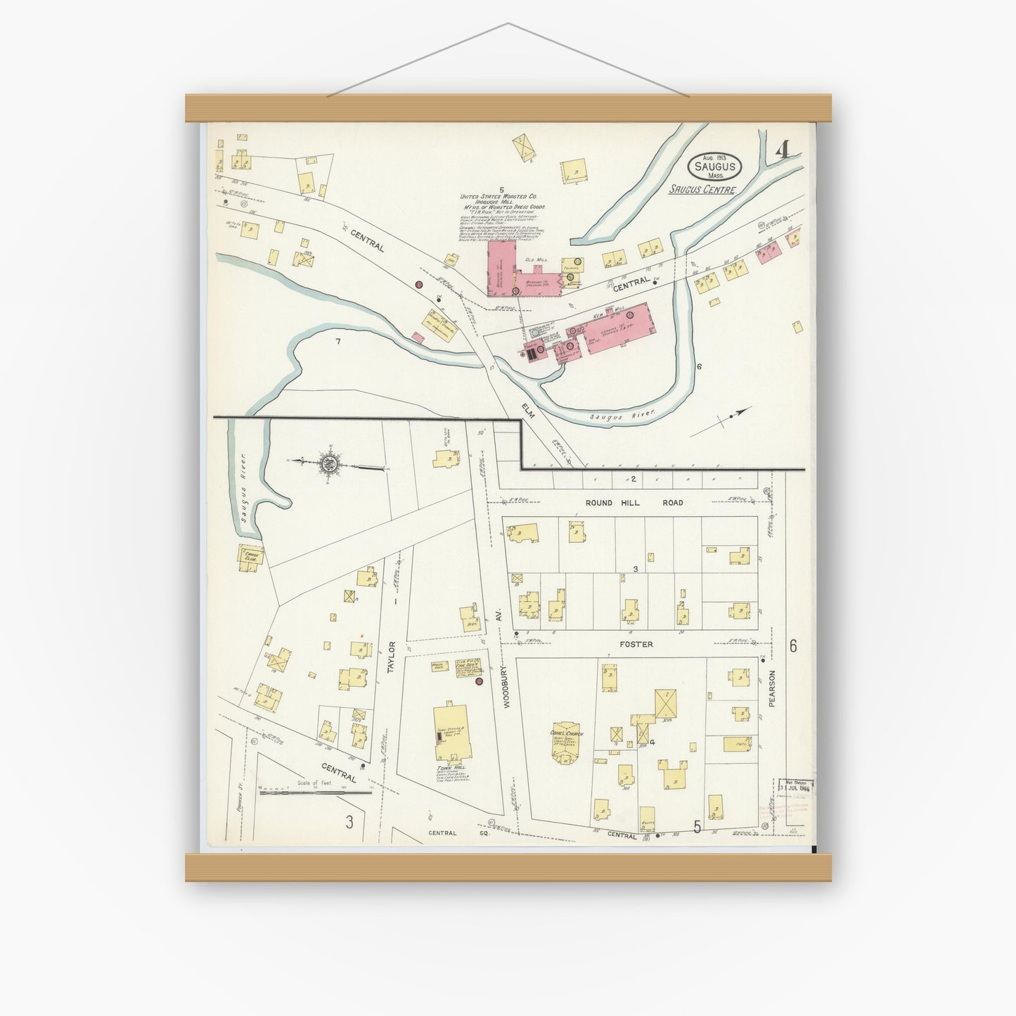 Old map wall art mockup — magnetic wood frame on white wall — Sanborn Fire Insurance Map from Saugus, Essex County, Massachusetts (1913), Sheet #0004