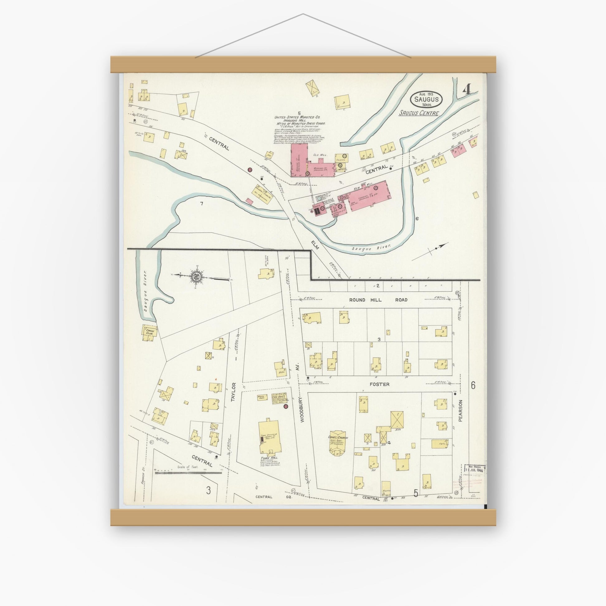 Old map wall art mockup — magnetic wood frame on white wall — Sanborn Fire Insurance Map from Saugus, Essex County, Massachusetts (1913), Sheet #0004