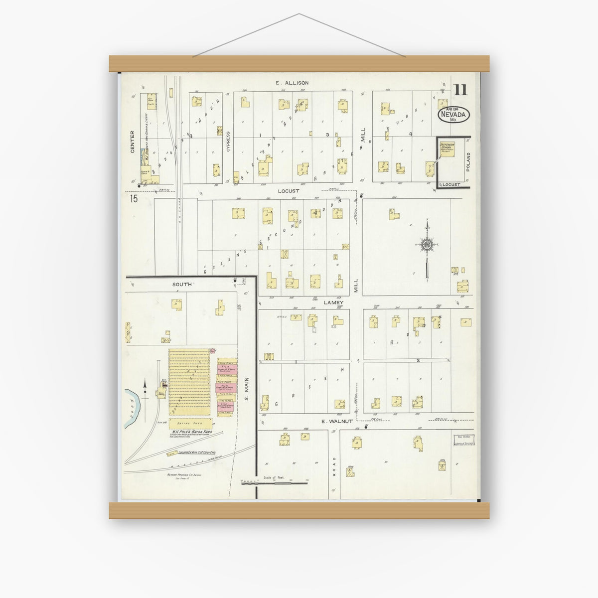 Old map wall art mockup — magnetic wood frame on white wall — Sanborn Fire Insurance Map from Nevada, Vernon County, Missouri (1914), Sheet #0011