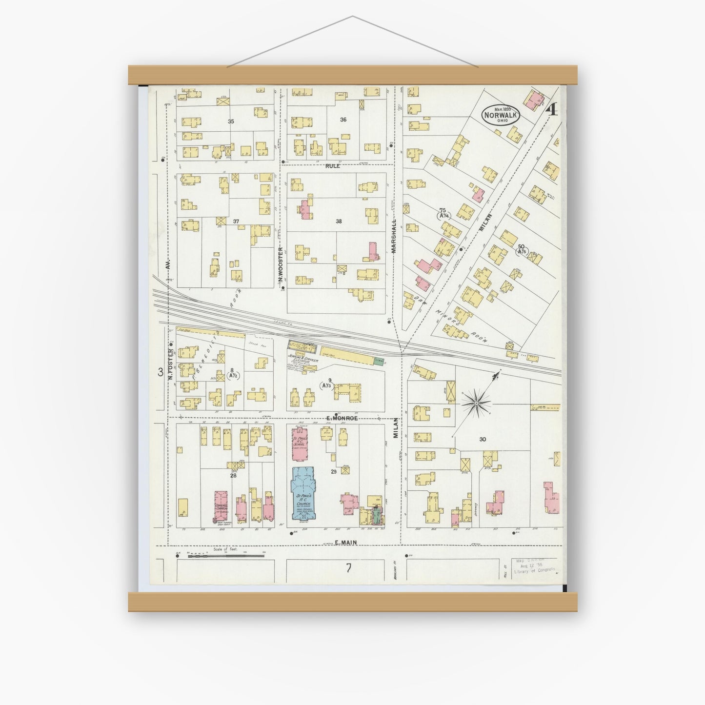 Old map wall art mockup — magnetic wood frame on white wall — Sanborn Fire Insurance Map from Norwalk, Huron County, Ohio (1899), Sheet #0004