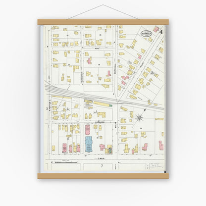 Old map wall art mockup — magnetic wood frame on white wall — Sanborn Fire Insurance Map from Norwalk, Huron County, Ohio (1899), Sheet #0004