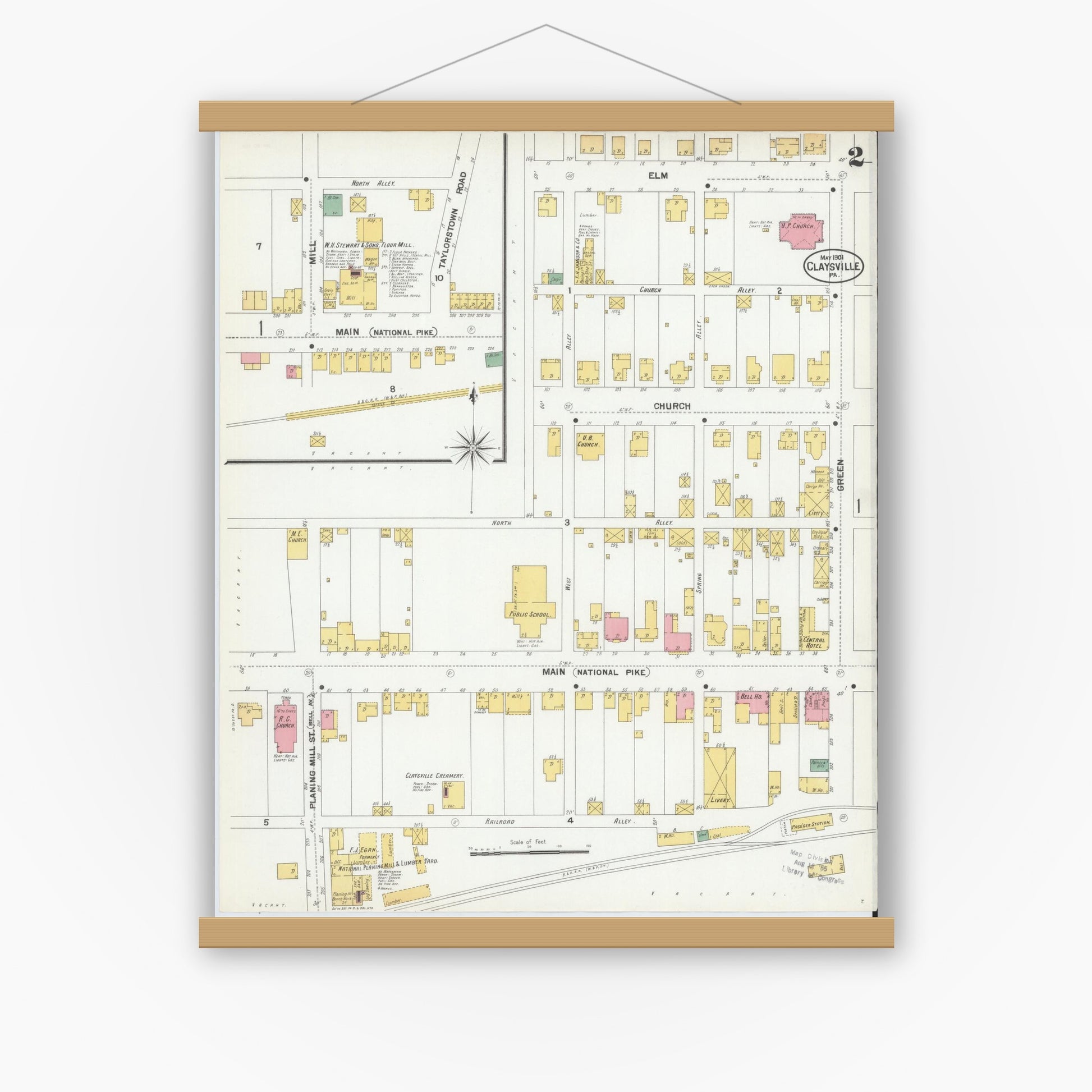 Old map wall art mockup — magnetic wood frame on white wall — Sanborn Fire Insurance Map from Claysville, Washington County, Pennsylvania (1901), Sheet #0002