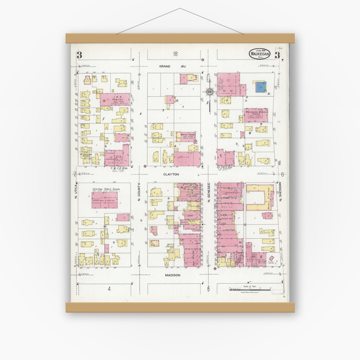 Old map wall art mockup — magnetic wood frame on white wall — Sanborn Fire Insurance Map from Waukegan, Lake County, Illinois (1924), Sheet #0003