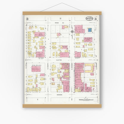Old map wall art mockup — magnetic wood frame on white wall — Sanborn Fire Insurance Map from Waukegan, Lake County, Illinois (1924), Sheet #0003
