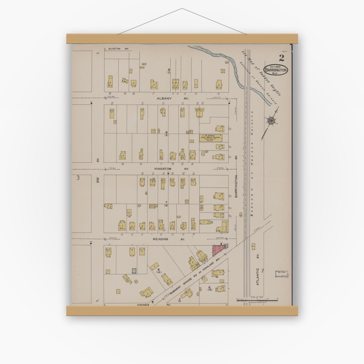 Old map wall art mockup — magnetic wood frame on white wall — Sanborn Fire Insurance Map from Barrington, Camden County, New Jersey (1922), Sheet #0002