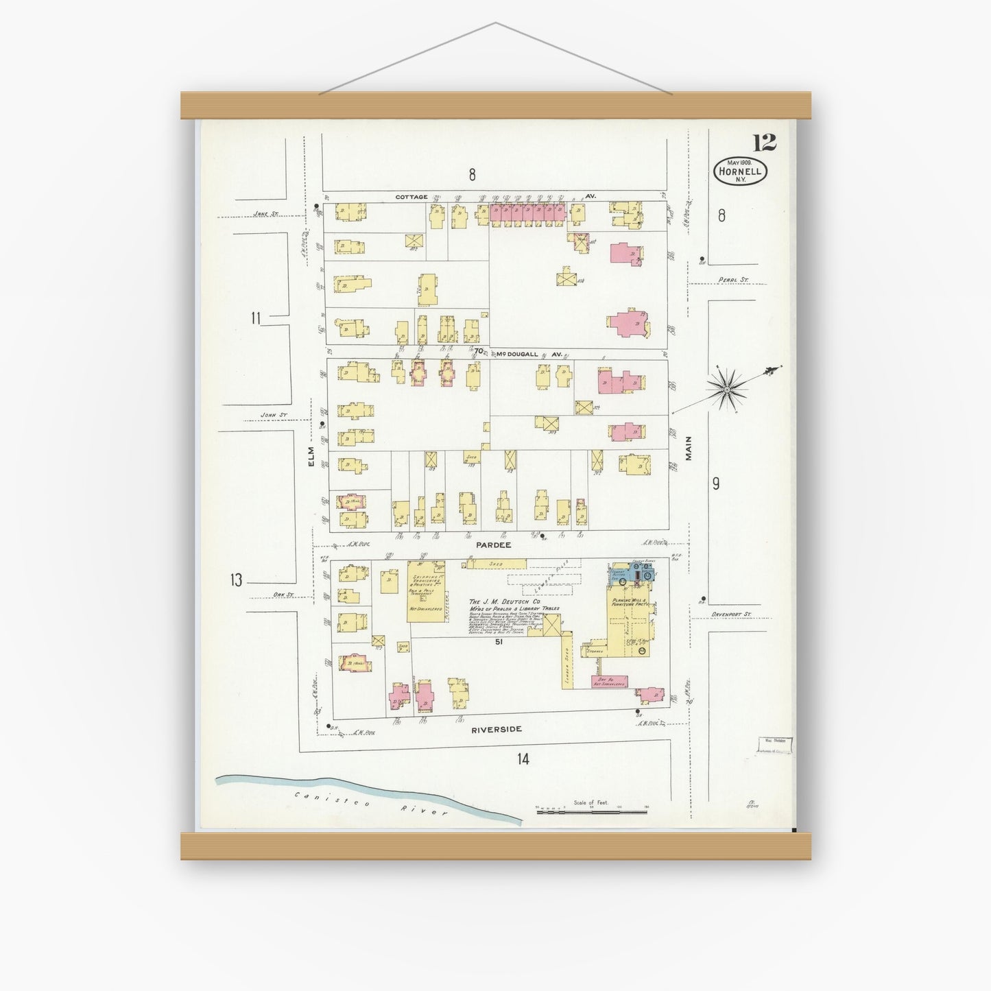 Old map wall art mockup — magnetic wood frame on white wall — Sanborn Fire Insurance Map from Hornell, Steuben County, New York (1909), Sheet #0012