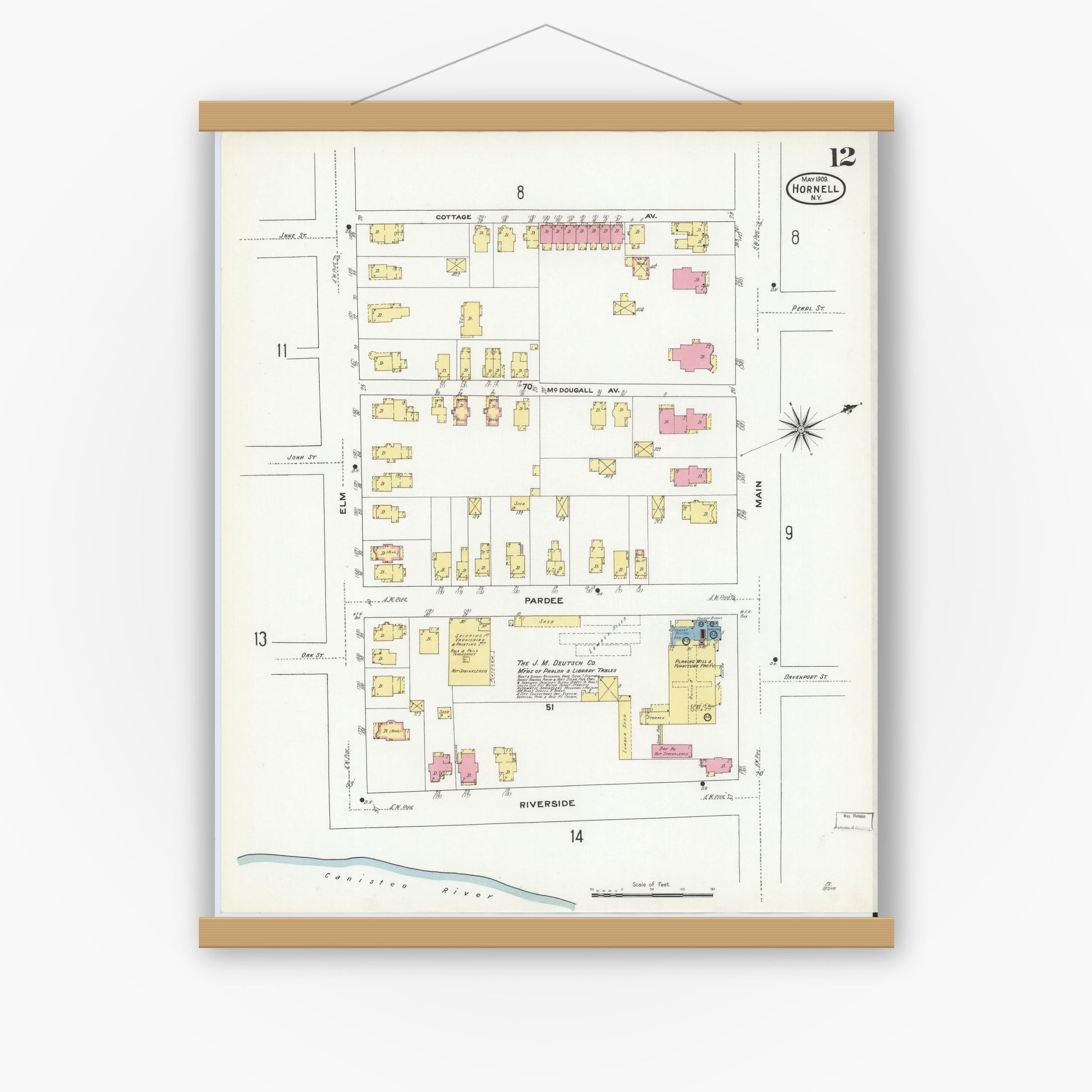 Old map wall art mockup — magnetic wood frame on white wall — Sanborn Fire Insurance Map from Hornell, Steuben County, New York (1909), Sheet #0012
