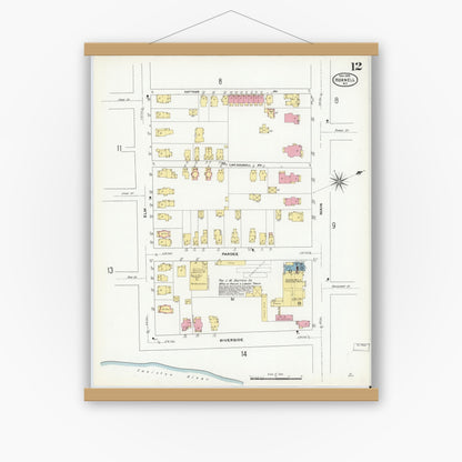 Old map wall art mockup — magnetic wood frame on white wall — Sanborn Fire Insurance Map from Hornell, Steuben County, New York (1909), Sheet #0012