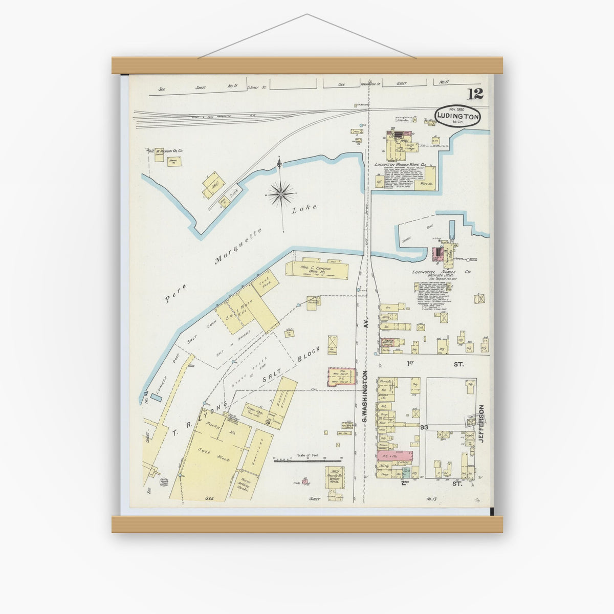 Old map wall art mockup — magnetic wood frame on white wall — Sanborn Fire Insurance Map from Ludington, Mason County, Michigan (1890), Sheet #0012